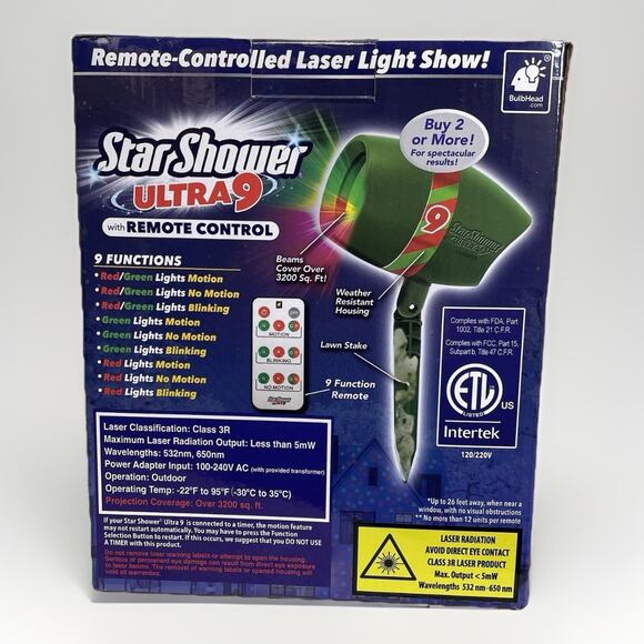 Star Shower Ultra 9 Christmas Laser Projector Red Green W/ Remote Light Show NEW - Picture 6 of 8